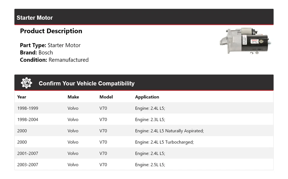 适用于 1998 - 2007 年沃尔沃 V70 博世入门(重新制造)1999 2000 2001 2002 2003 — 第 2/4 张图片