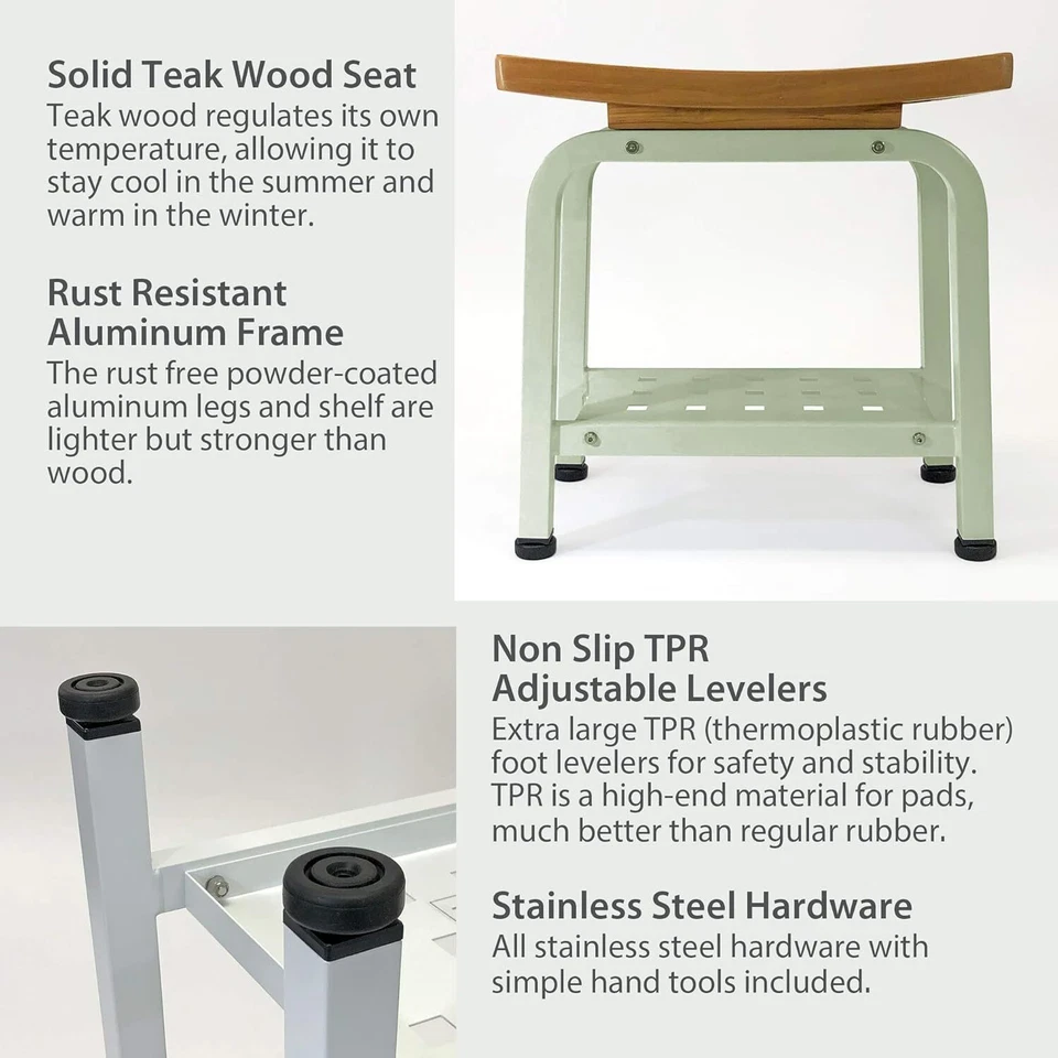 Bali Shower Bench Teak & Aluminum Bath Stool Chair Side Table Light Sage - Image 4 of 4