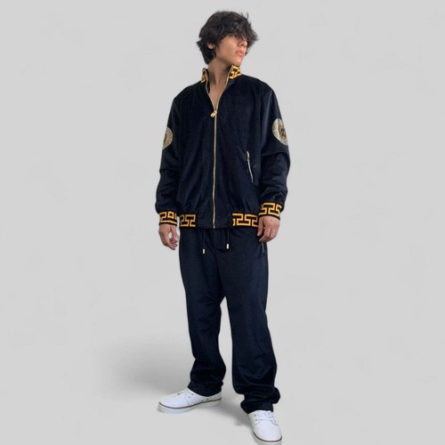 Manzini Para Hombre Negro | Terciopelo Dorado Estrás Informal Chándal Conjuntos Nuevos con Etiquetas - Imagen 7 de 12