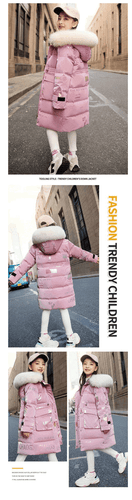 Winter Cotton Padded Coat Medium Long Down Thicken Warm Kids Fur Hooded Clothes - Picture 16 of 23