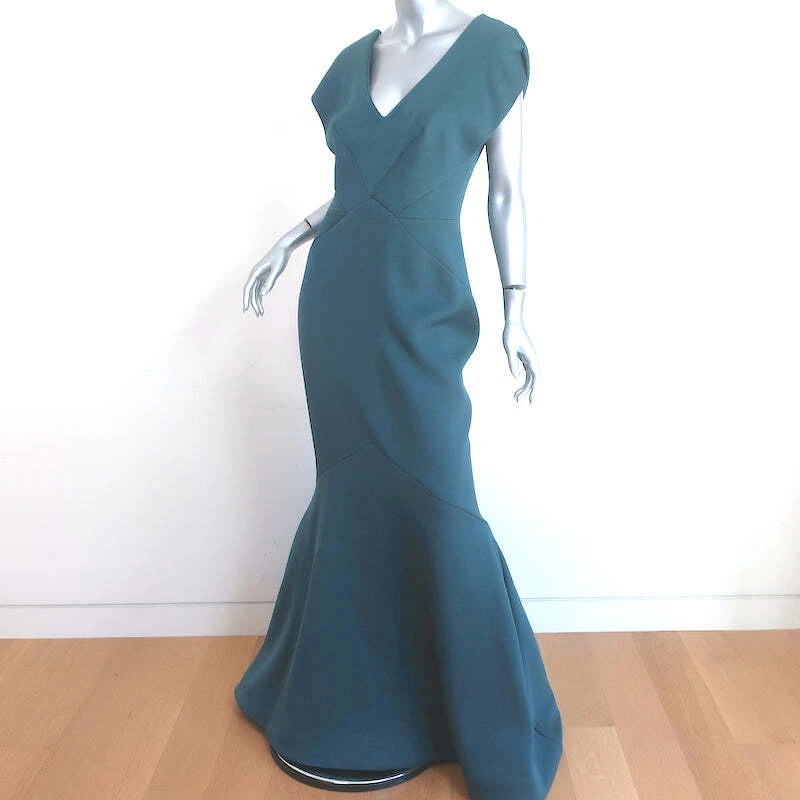 Maxi Vestido Zac Posen xo Barneys New York Verde Azulado Crepé Talla 6 Manga Gorra Foto 2 de 4