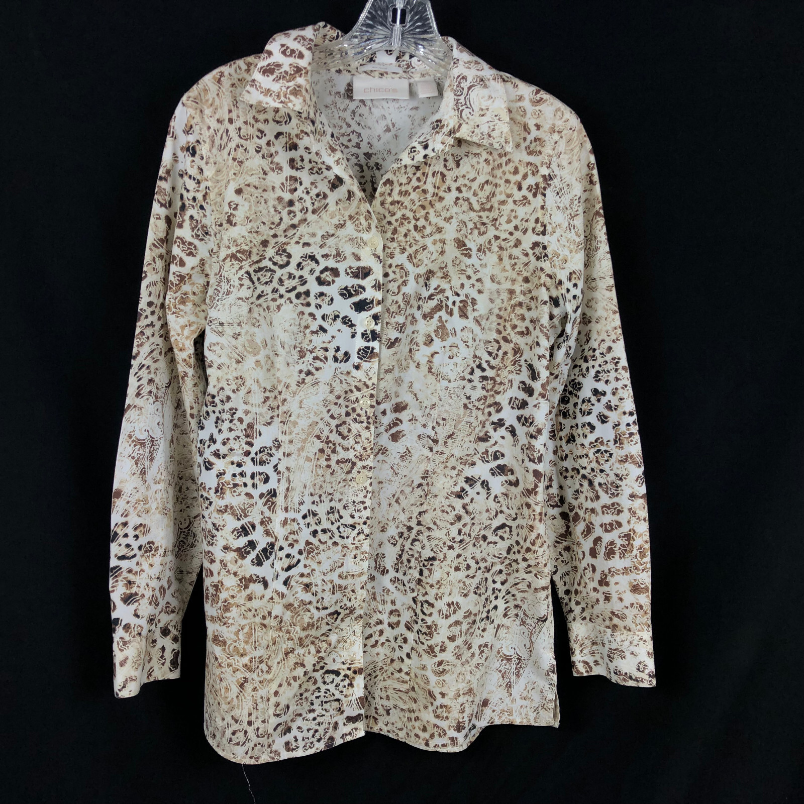 Chicos 0 No Iron Button Front Shirt Sz 4-6 Animal Print Beige Long Sleeve