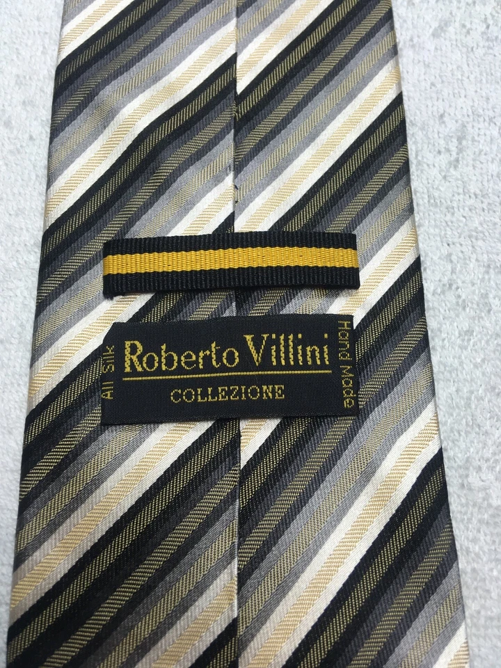 CORBATA ROBERTO VILLINI NEGRA GRIS BEIGE RAYAS TOSTADAS 4 X 60 Foto 4 de 4