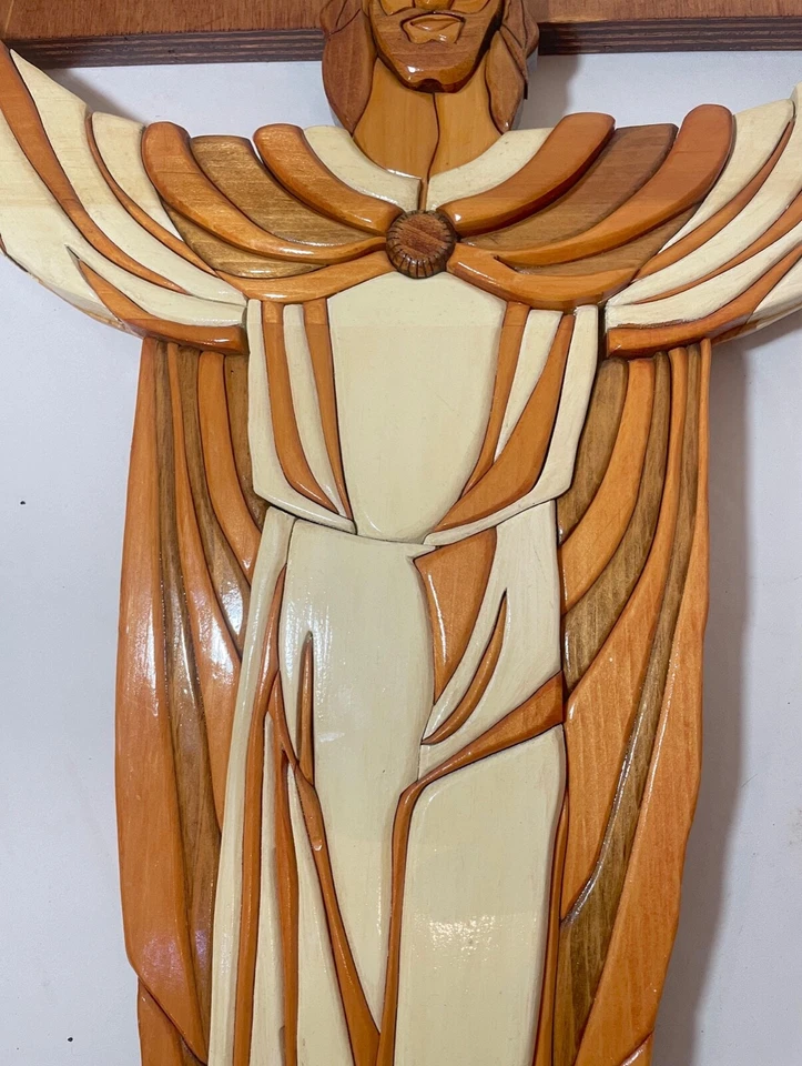 ENORME tallado Jesucristo Intarsia madera arte pared marquetería escultura crucifijo Foto 4 de 4