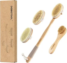 Dry Brushing Set - Natural Boar Bristle Body & Face Brush, Wooden Long Handle