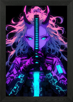 Neon Cyber Oni Warrior Framed Wall Art Poster Canvas Print Picture