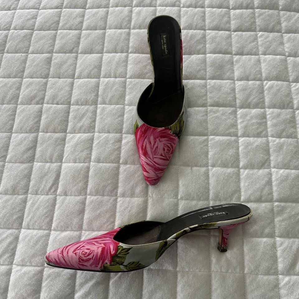 KATE SPADE Shoes Womens 8.5 Floral Kitten Heel Mules Classic Preppy Party Italy - Image 2 of 4