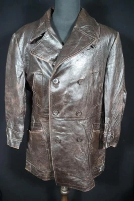 Vintage Hommes 1960's Long Marron Veste Cuir Taille Extra Large VG Condition - Photo 1/4