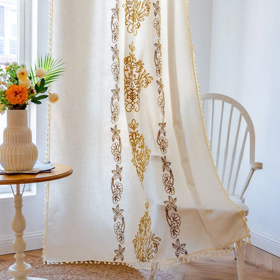 Elegantes cortinas de algodón y lino con bordado floral damasco Foto 3 de 4