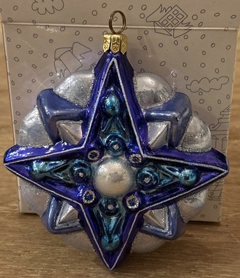 KRAKUS Komozja Poland Hand Blown Glass Ornament Blue Christmas Star