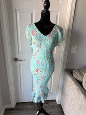 Studio West Blue Floral Long Dress S Ruffle Flutter Sleeve V-Neck