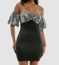 City Studio Juniors' Black Sequins Solid Off-Shoulder Dress Size:3/4