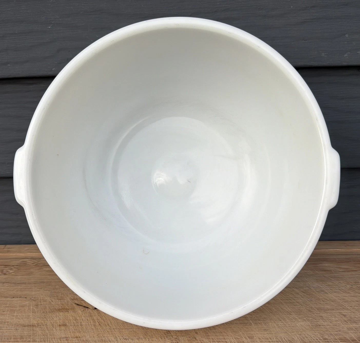 Vintage 1940’s White Milk Glass Large Mixing Bowl Unmarked + Handles MCM Kitchen