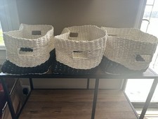 White and Navy Woven Storage Baskets, Set of 3 Baskets w/Handles, 12x9x8