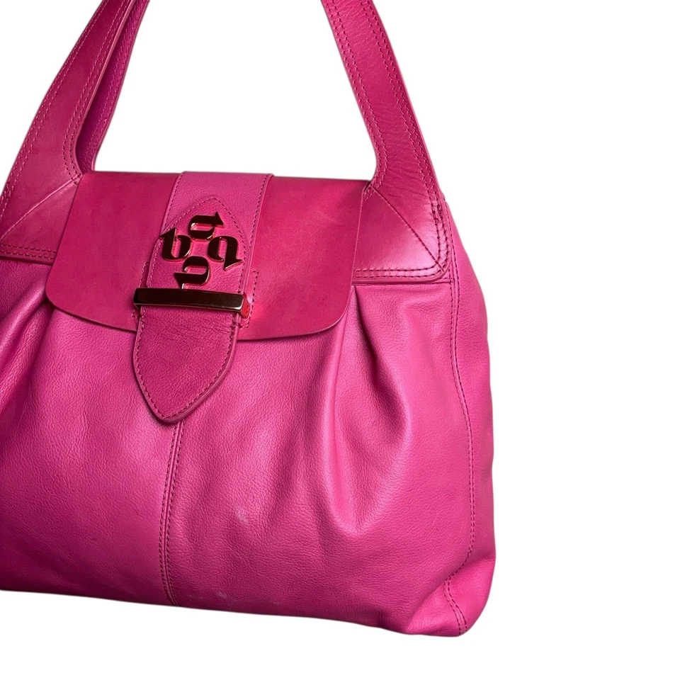 TED BAKER London Hot Pink Leather Satchel Satchel Tote Bag Gold Logo Large - Image 3 of 4