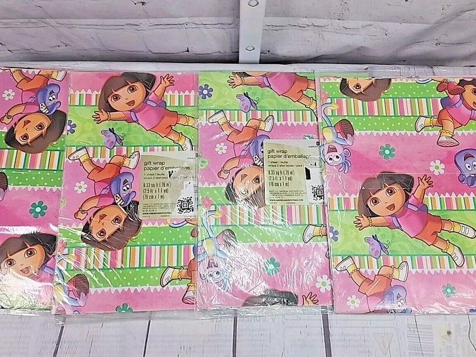 4 packs NOS American Greetings Pink Dora The Explorer Gift Wrap 8.33 Sq. Ft. - Image 2 of 3