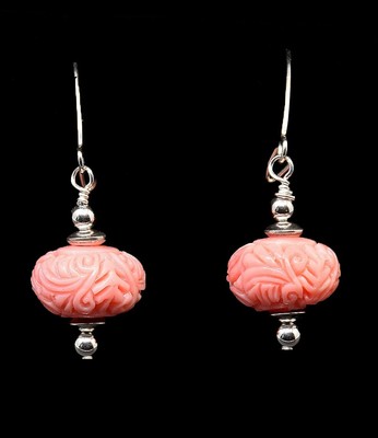 .925 Sterling Silver & Genuine Carved Pink Branch Coral, Kidney Hook Earrings