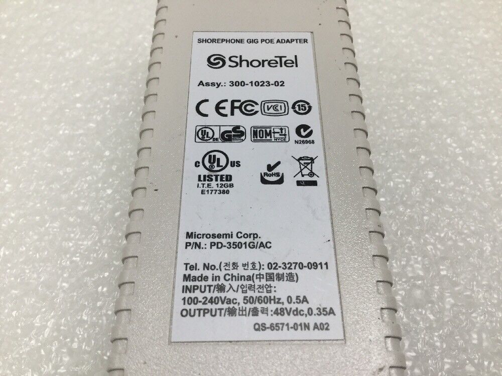 Shoretel PD-3501G 48V 0.35A Gigabit PoE AC Adapter 3501G 300-1023-03