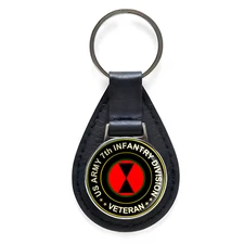US Army 7th Infantry Division Veteran Black Leather Keychain Silver Keyring