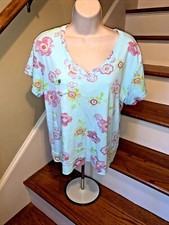 FRESH PRODUCE Rose of Beauty Turquoise MADE IN USA 100% Cotton Blouse XL ❤️tb89