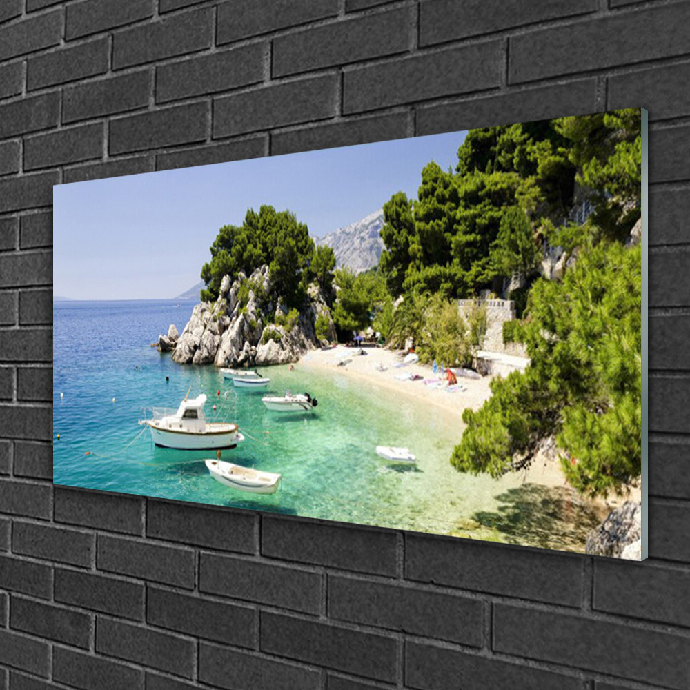 Tableau sur verre 100x50 cm Tulup décor maritime avec plage et rochers pour salon