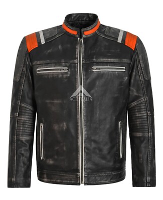 Men's Café Racer Biker Vintage Motorcycle Distressed Retro Real Leather Jacket