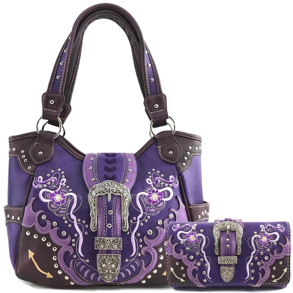 Justin West Buckle Flower Stud Floral Conceal Carry Shoulder Handbag Purse
