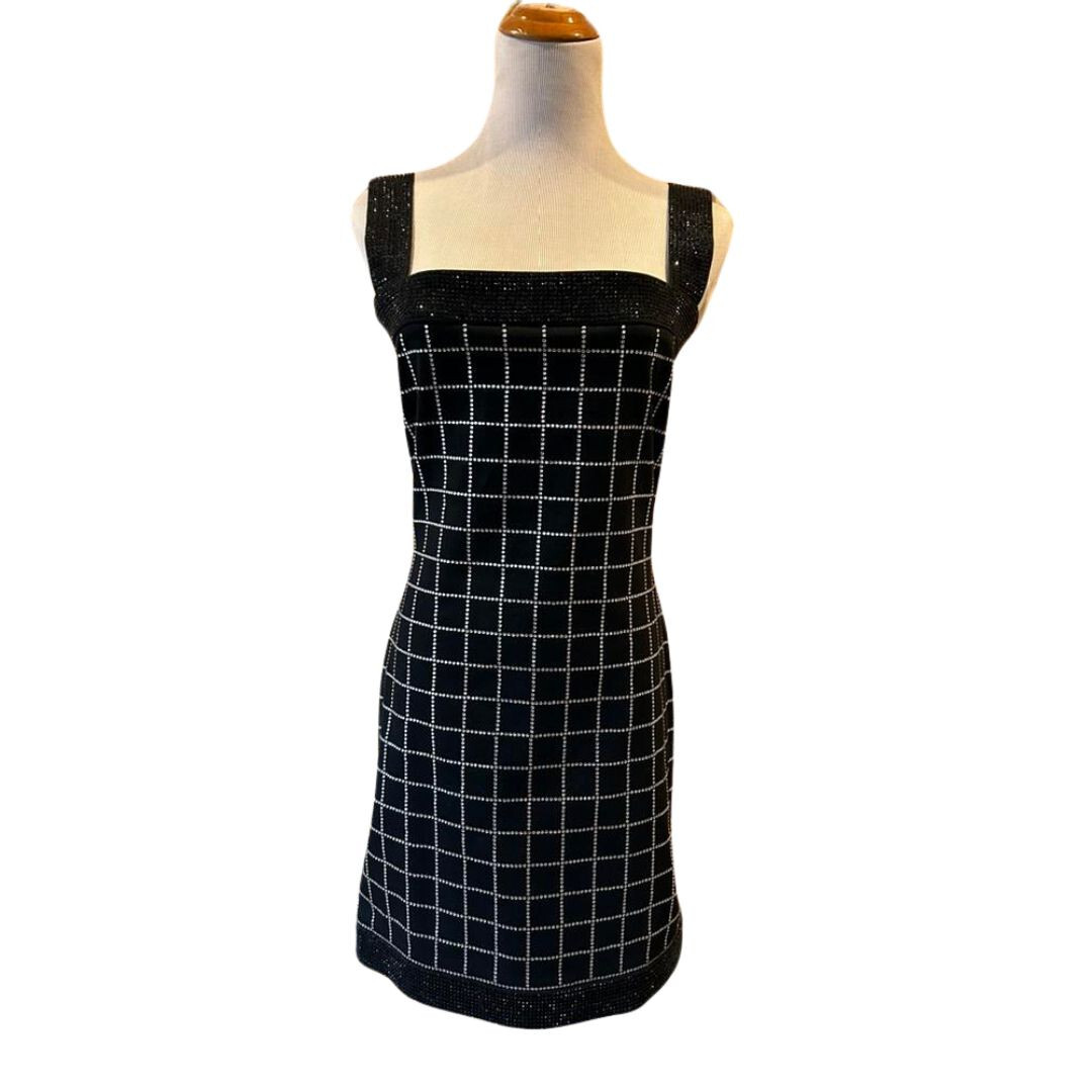 Balmain Black Silver Crystal Rhinestone Checked Encrusted Mini Dress