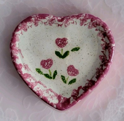 Country Ceramic Heart Handpainted Pink Sponge Floral Soap Dish Signed-Karen '90