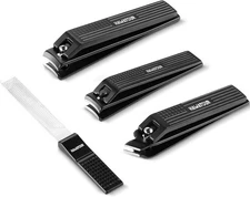 Premium Manicure Pedicure Set, Steel Clippers & File, Black Tin Case