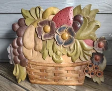 Vintage Wood Primitive Folk Art Dummy Board Style Basket of Flowers
