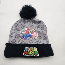 Super Mario Hat Beanie Youth One Size Gray Black Pom Knit Mario Luigi Peach Toad