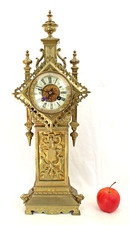 SUPERB LG ANTIQUE FRENCH BRASS CLOCKTOWER MANTEL CLOCK, 21'' H, A1 MARK, 1887