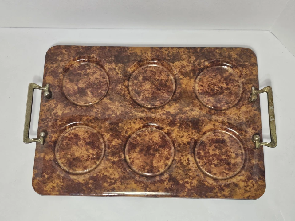 Vintage Kraftware Vinyl Drink Tray w/Metal Handles Molded Spaces Brown Marbled - Image 4 of 4