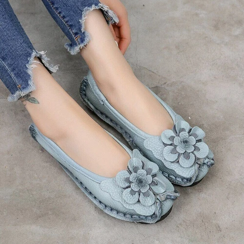 Leather Flat Shoes Women Flats with Flowers Ladies Soft Shoes Loafers Slip On - Imagen 3 de 21