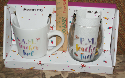 Teachers A.M. & P.M. Fuel Stoneware Mug & Wine Glass Set New Fast Shipping  | eBay