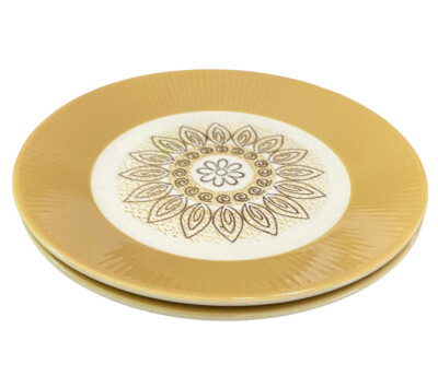 Vtg MCM Homer Laughlin Malibu 7  Salad Plate Ribbed Border Flower Set Of 2