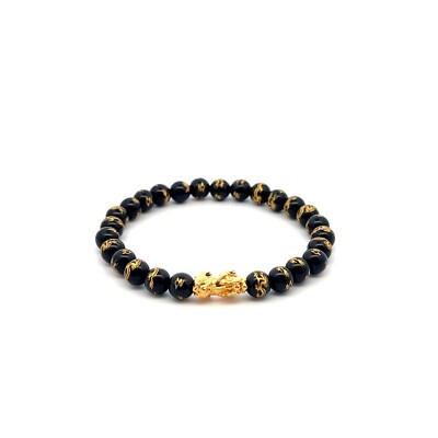 18K Gold Pixiu Piyao Bracelet Natural Black Carved Onyx Gemstones 6mm