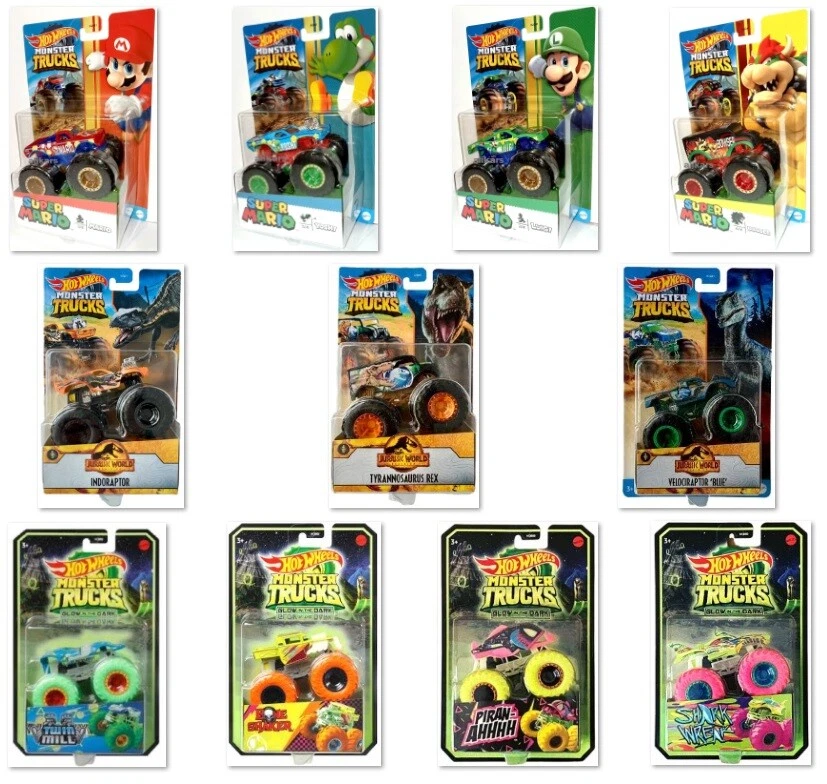 MONSTER TRUCKS 1:64 - Super Mario Jurassic World Spongebob Glow Hot Wheels Cars