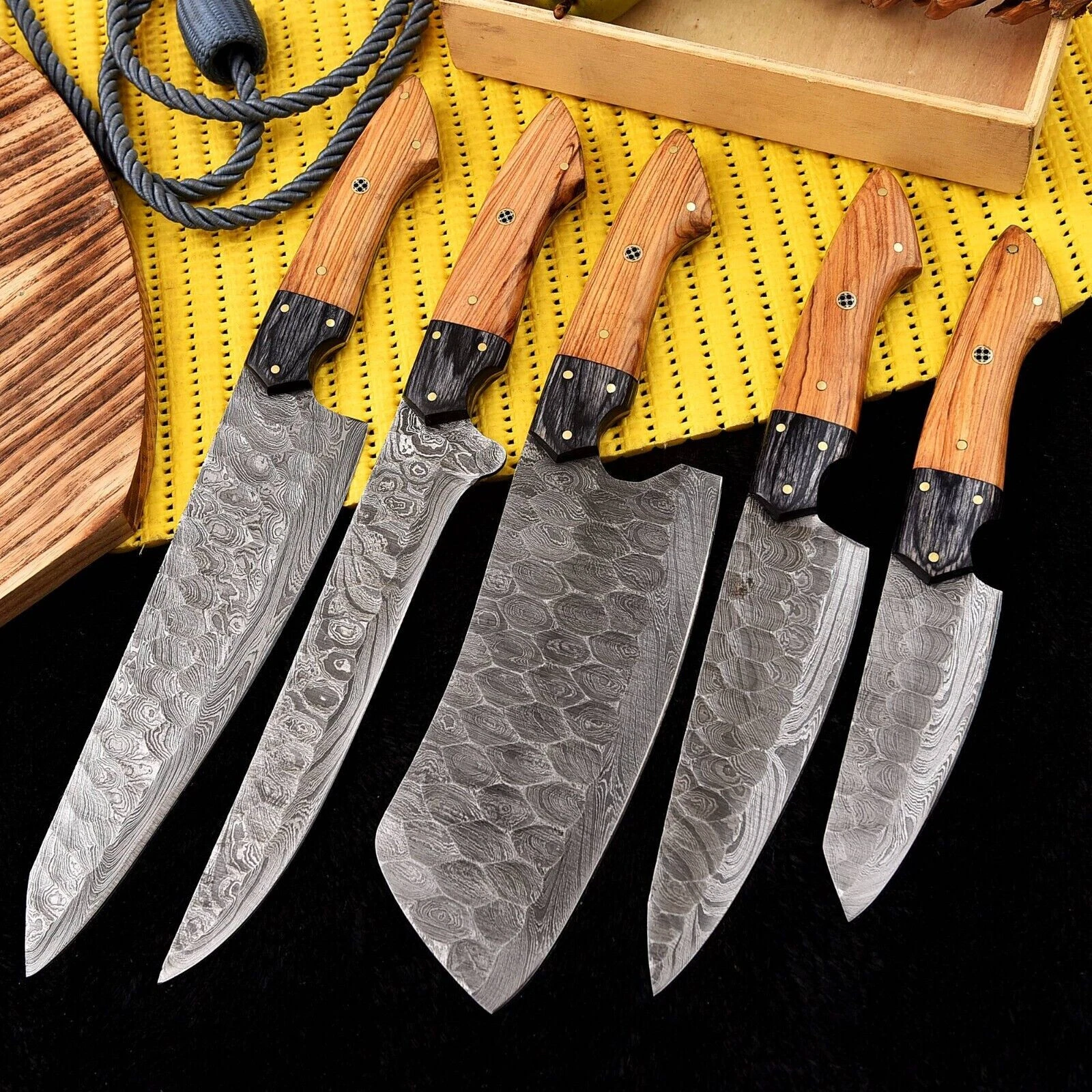 Hand Forged Damascus Steel Full Tang Hunting Kitchen Knife Set Chef Set