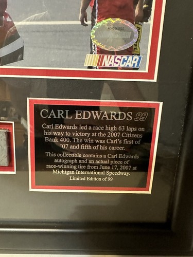Carl Edwards HOF Signed Framed 2007 Michigan win Photo Race Used Tire 21/99 - Picture 4 of 9