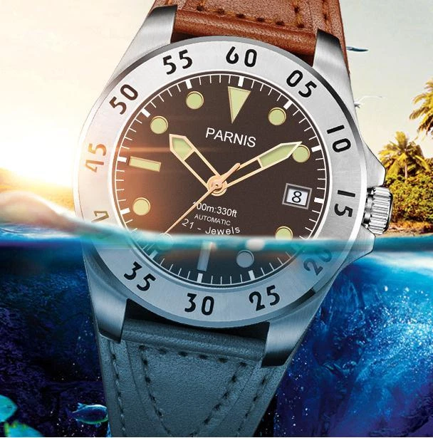 Автоматические мужские механические часы Parnis Sapphire Miyota черный циферблат кожаный ремешок - Изображение 4 из 4
