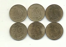 HIGH GRADE AU LOT 6 FRANCE 10 CENTIMES COINS-1962,1967,68,1978,1984,1997-OCT650