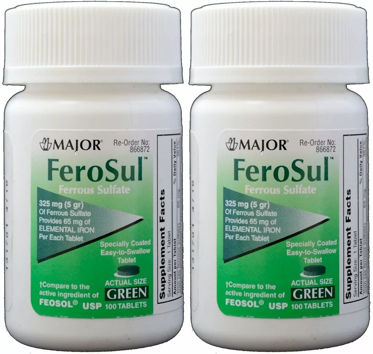 Major Ferosul Ferrous Sulfate 325mg Blood Health Green Tablets 100ct Pack of 2