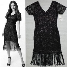 NWT Unique Vintage 1920s Beaded Fringed Troyes Flapper Dress BLACK size M 6-8