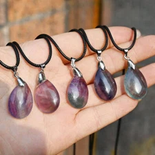 Natural Rainbow Fluorite Quartz Crystal Teardrop Pendant Women Men Necklace Gift