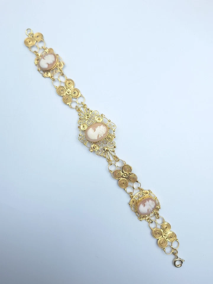 Bracciale cammeo conchiglia stile Vittoriano Argento 925 Oro 18 Kt Vintage Cameo - Immagine 2 di 4