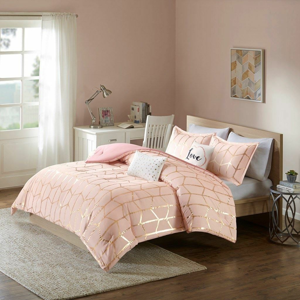Luxury Pink Blush & Metallic Gold Geometric Comforter Set AND Decorative Pillows Tanie duże okazje