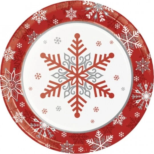 CREATIVE CONVERTING Winter Snowflakes 7 Inch Paper Plates 8 Pack Red Christmas Winter Tableware