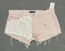 Forever 21 Women Size 28 Distressed Floral Lace Denim Shorts Blush/Cream New